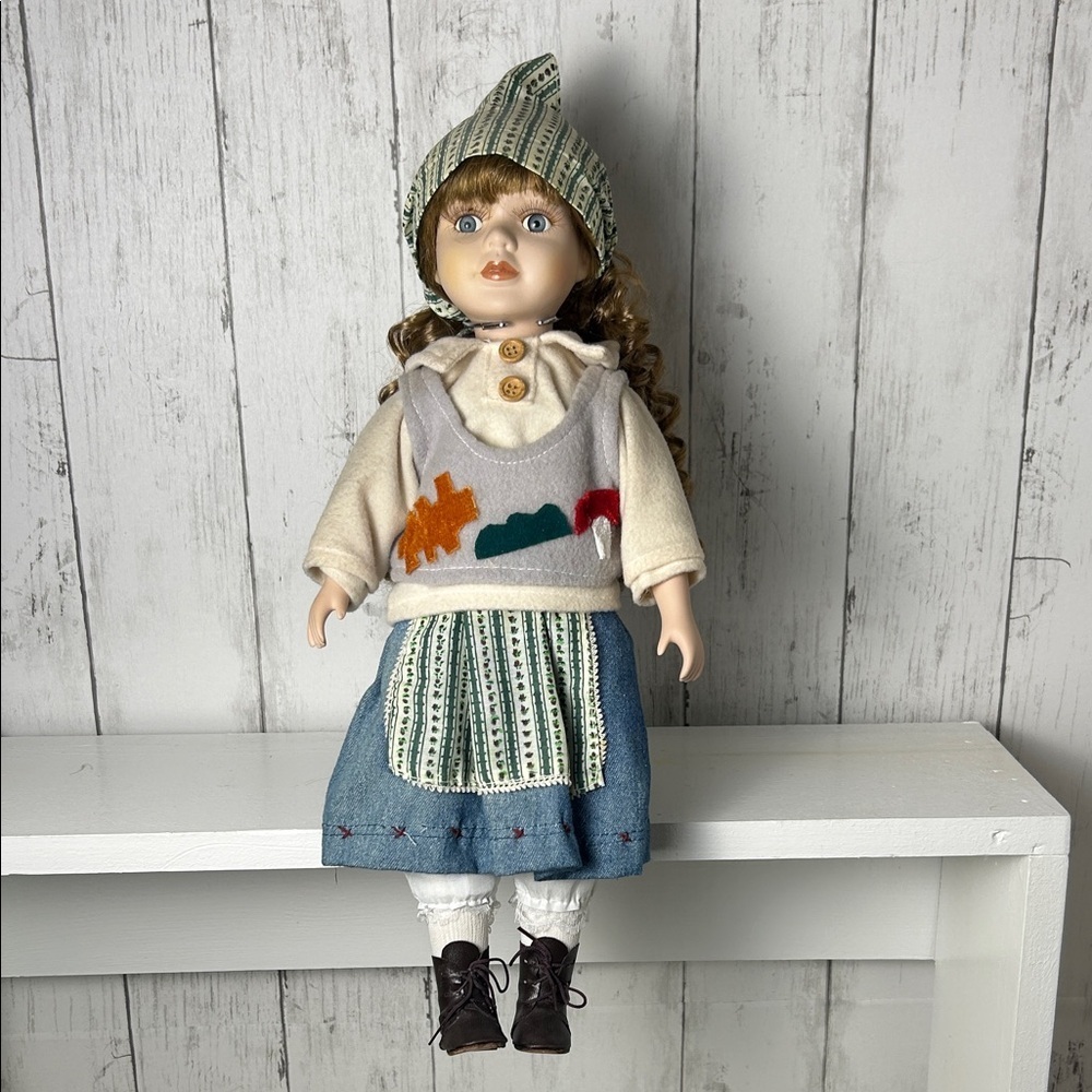 Vintage 18” Porcelain Doll Blue Eyes Curly Hair Folk Dress w/ Stand